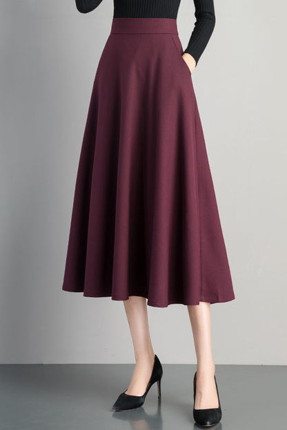 Burgundy Cotton Blend A-Line Midi Skirt - Back Elastic Waist 4102