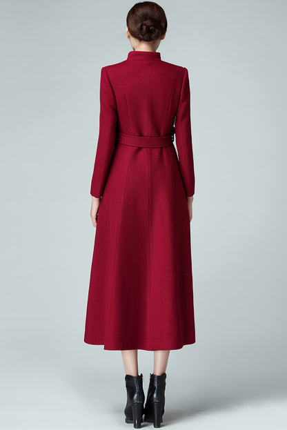 Handmade Burgundy Wool Coat – Elegant High Neck Belted Long Overcoat | Xiaolizi 3986
