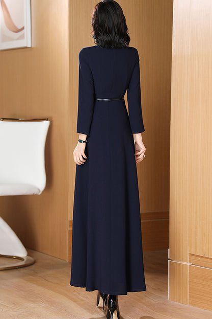 Navy Polyester Dress - Fit and Flared, Polo Collar with Nine-Quarter Sleeves 3196