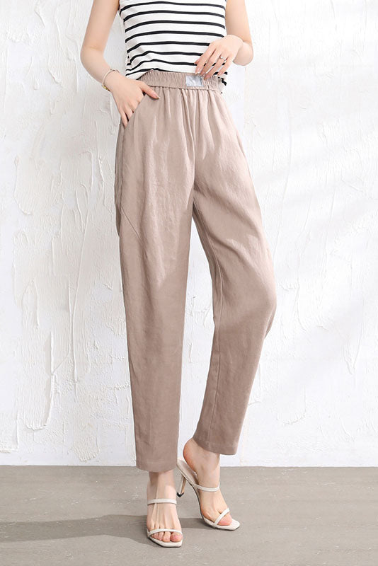 Summer Women Elastic Waist Long Linen Pants 3513