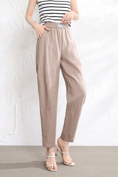 Beige Linen Pants - Elastic Waist, Relaxed Fit 3513