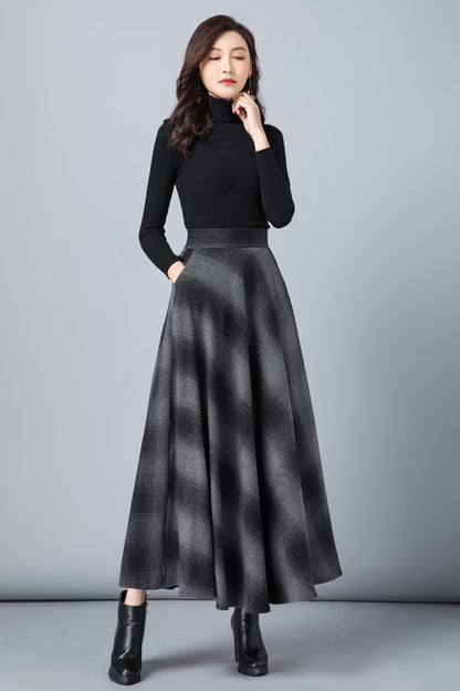 Black Wool Blend Maxi Skirt - Full Flowy Silhouette with Pockets 3806