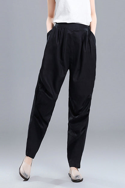 Black Linen Cotton Wide Leg Pants - Vintage Inspired Elastic Waist 3672