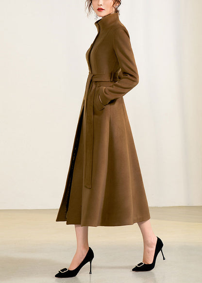 Brown Wool Long Coat - Handmade A-Line Silhouette with Belt 2956