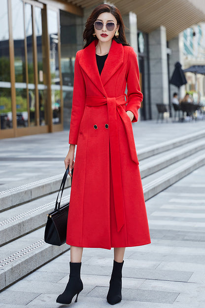 Red Wool Coat – Handmade Long Double Breasted Belted Winter Overcoat for Women 3975