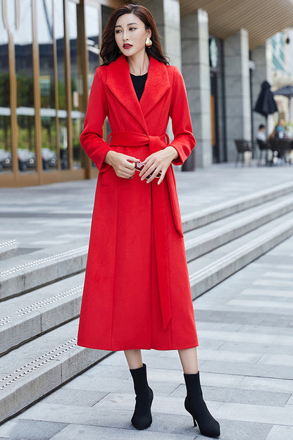Red Wool Coat – Handmade Long Double Breasted Belted Winter Overcoat for Women 3975