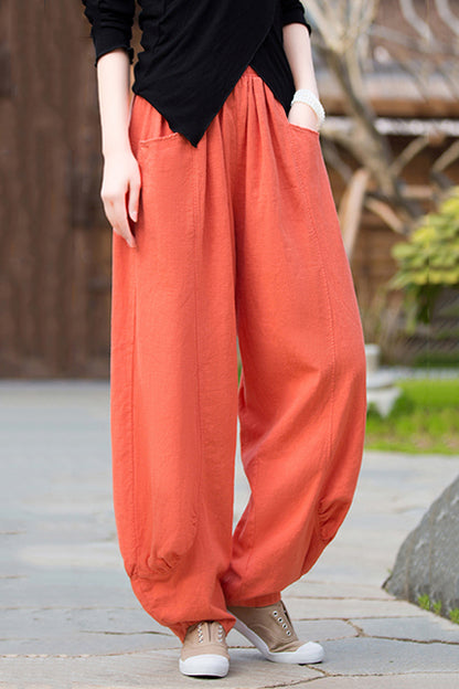 Beige Linen Wide Leg Pants - Loose Fit, Elastic Waist 3668