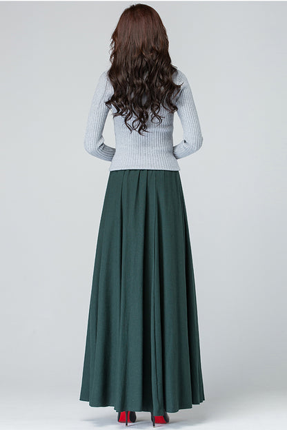 Emerald Green Linen Cotton Maxi Skirt - Pleated, Elastic Waist 4089