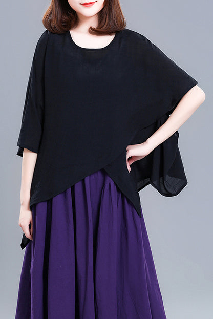 Grey Linen Casual Top - Round Neck Asymmetrical Hem 3675