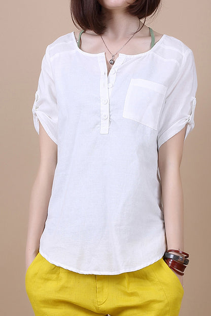 White Cotton Linen Shirt - Loose Fit Casual Top with Pocket 3684