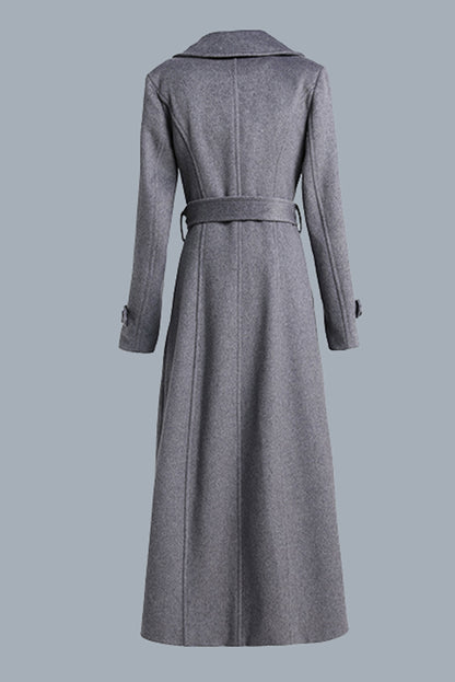 Gray Wool Maxi Coat - Double Breasted with Tie Belt 319501