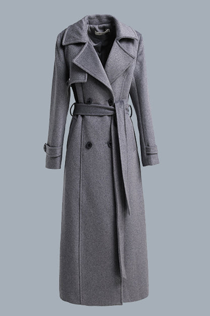 Gray Wool Maxi Coat - Double Breasted with Tie Belt 319501