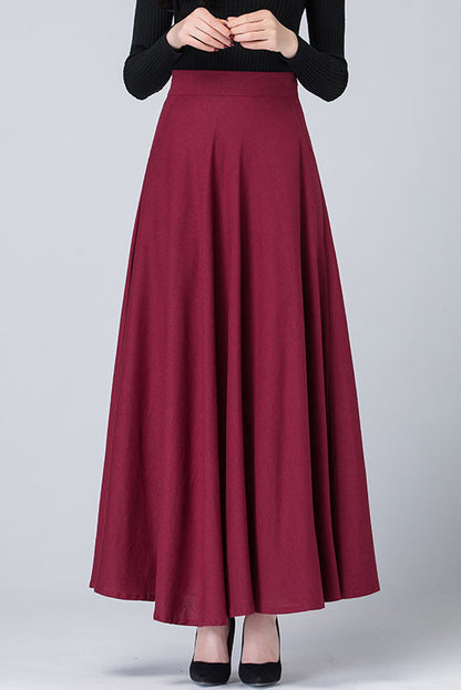 Dark Green Linen A-Line Maxi Skirt - High Waist with Side Pockets 4114