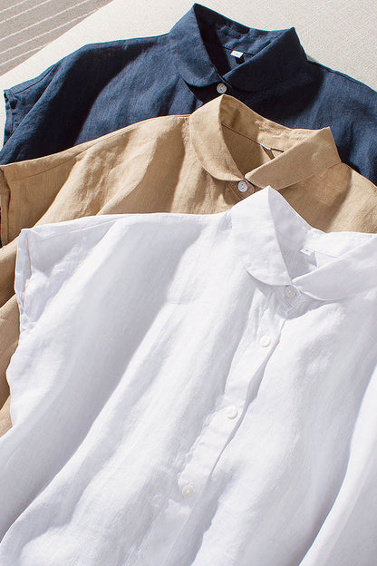 Beige Linen Shirt Top - Loose Fit Short Sleeve Button-Up 3654