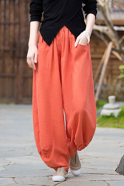 Beige Linen Wide Leg Pants - Loose Fit, Elastic Waist 3668