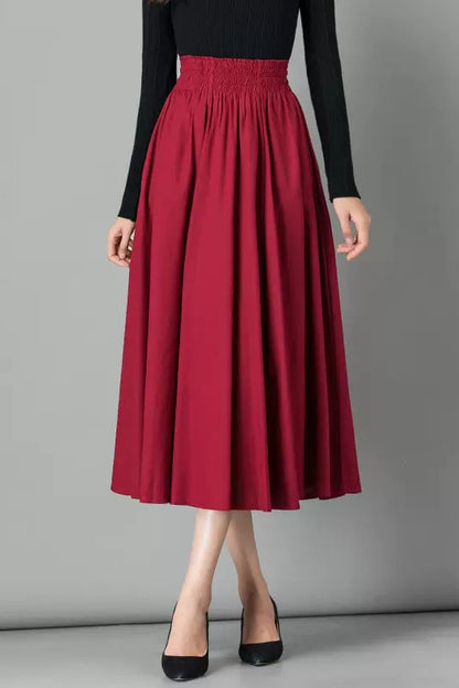 Brown Linen Skirt - Elastic Waist A-Line Maxi Skirt 4107