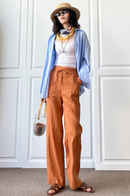 Rust Brown Linen Wide Leg Pants - Elastic Waist, Side Pockets 3506