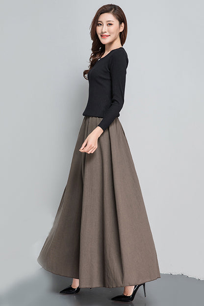 Emerald Green Linen Cotton Maxi Skirt - Pleated, Elastic Waist 4089