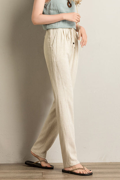 Beige Linen Wide Leg Pants - Elastic Waist, Casual Comfort 3517
