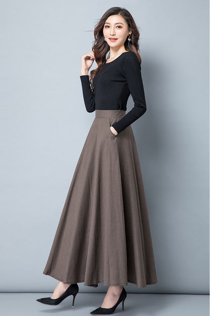 Dark Green Linen A-Line Maxi Skirt - High Waist with Side Pockets 4114