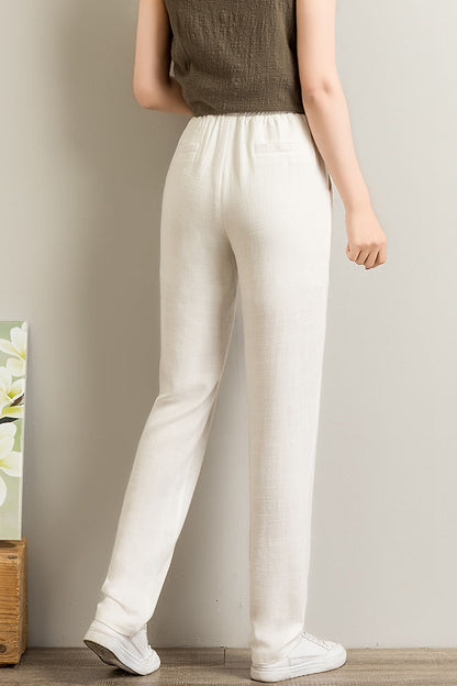 Beige Linen Wide Leg Pants - Elastic Waist, Casual Comfort 3517