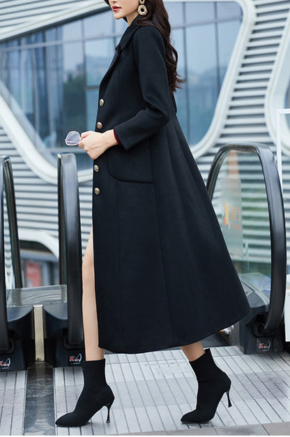 Black Wool Coat – Handmade Long Slim Fit Button Front Winter Overcoat for Women 3976