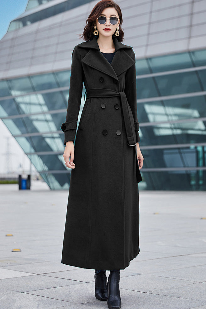 Trench Coat Wool Blend Long Black Wool Coats Black Double