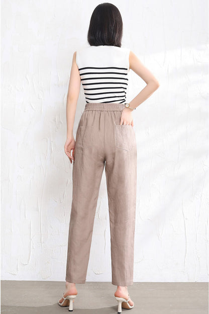 Beige Linen Pants - Elastic Waist, Relaxed Fit 3513