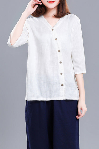 White Linen Cotton V-Neck Top - Asymmetric Button Detail 3676