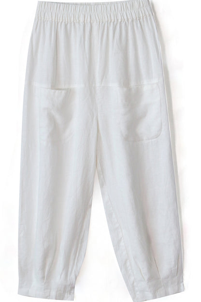 Brown Linen Wide Leg Cropped Pants - Elastic Waist, Front Pockets 3507