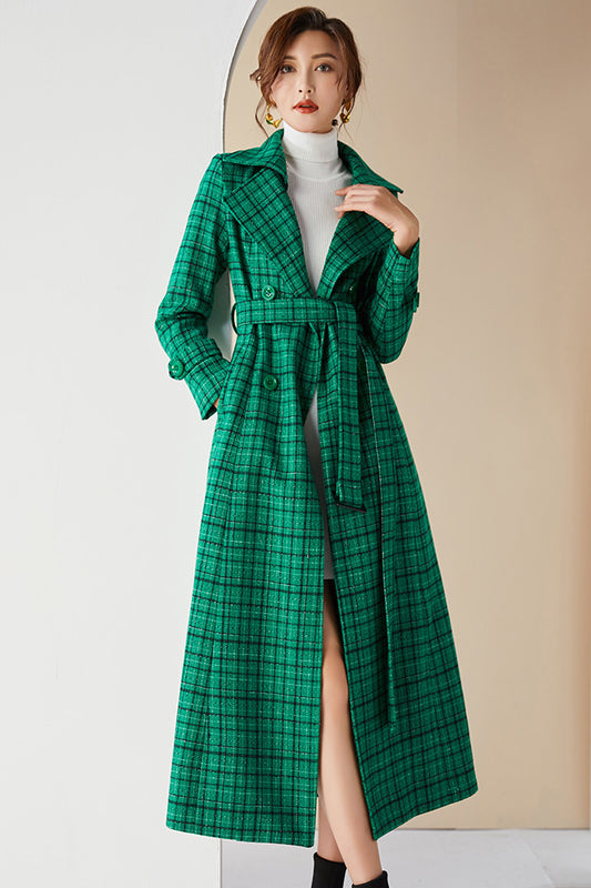 Women Green Plaid Wool Coat 3992