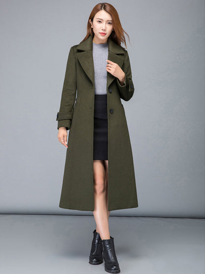 Army Green Wool Midi Coat - Fit & Flare Silhouette with Belt 2476