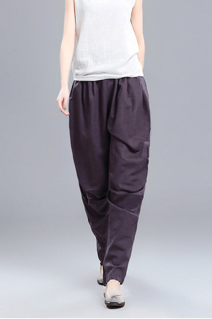 Black Linen Cotton Wide Leg Pants - Vintage Inspired Elastic Waist 3672