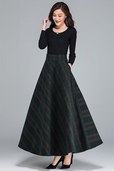 Plaid Wool A-Line Maxi Skirt - Elastic Waist, Side Pockets 3932