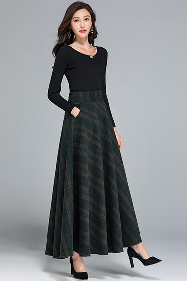 Plaid Wool A-Line Maxi Skirt - Elastic Waist, Side Pockets 3932