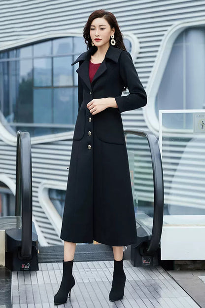 Black Wool Coat – Handmade Long Slim Fit Button Front Winter Overcoat for Women 3976