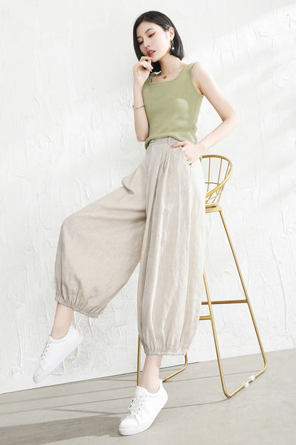 Beige Linen Wide Leg Pants - Back Elastic Waist Casual Fit 3529
