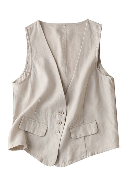 Beige Linen Sleeveless Vest - Casual Loose Fit 3599