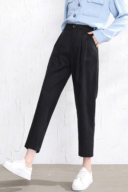 Rust Brown Linen Casual Pants - Loose Fit, Elastic Waist 3512