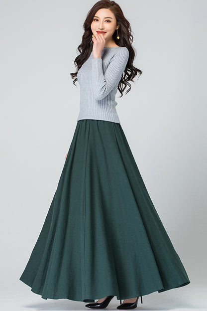 Emerald Green Linen Cotton Maxi Skirt - Pleated, Elastic Waist 4089