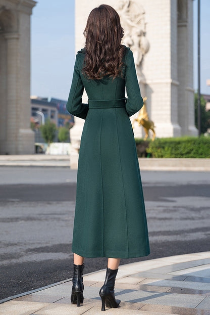 Vintage-Inspired Long Wool Coat – Women’s Belted Winter Overcoat with Pockets 3980
