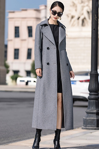 Gray Wool Maxi Coat - Double Breasted with Belt 3193