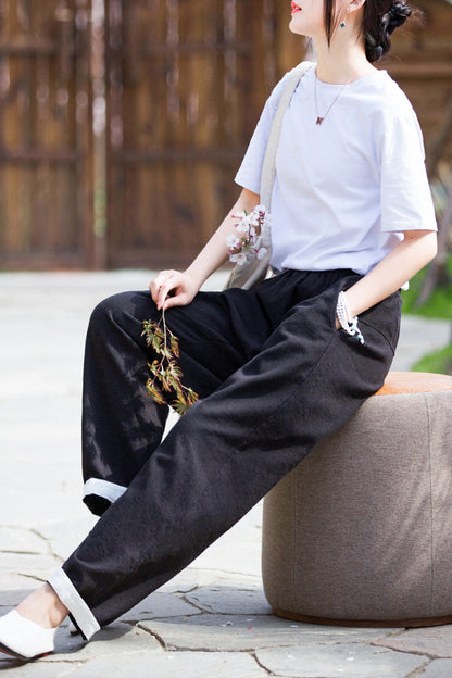 Navy Linen Blend Wide Leg Pants - Vintage Inspired Elastic Waist 3671