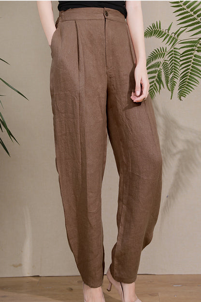 Brown Linen Wide Leg Pants - High Waist Elastic Comfort 3673