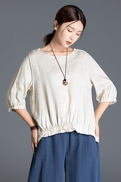 Women half sleeve linen top 3409