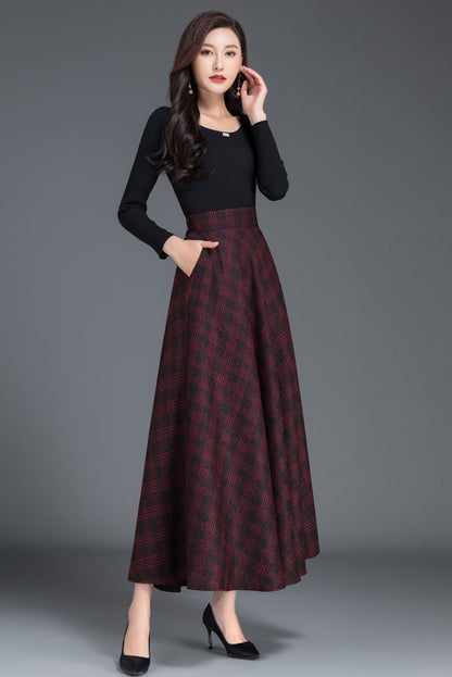 Plaid Wool A-Line Maxi Skirt - Elastic Waist with Side Pockets 3805