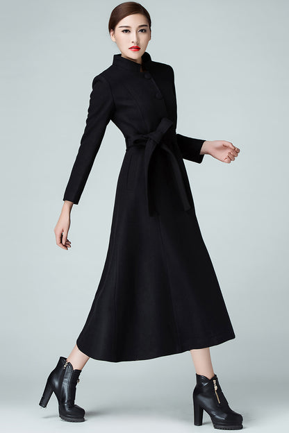 Handmade Burgundy Wool Coat – Elegant High Neck Belted Long Overcoat | Xiaolizi 3986