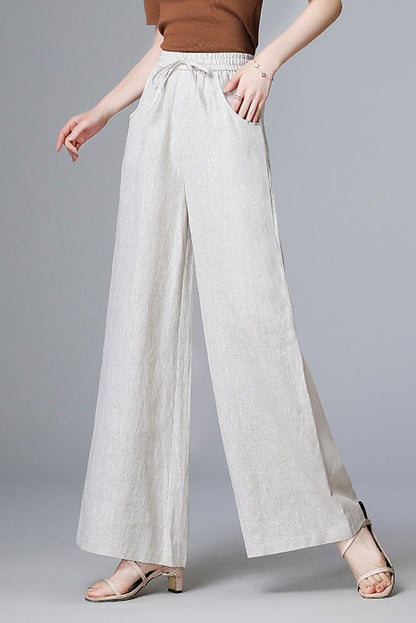 Light Grey Linen Wide Leg Pants - Elastic Waist, Belted Detail 3525