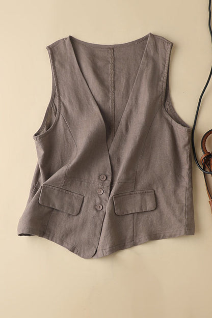 Beige Linen Sleeveless Vest - Casual Loose Fit 3599