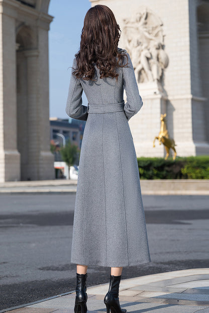 Handmade Gray Wool Coat – Elegant Double-Breasted Belted Long Overcoat | Xiaolizi 3982